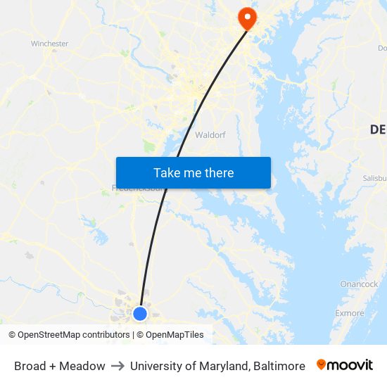 Broad + Meadow to University of Maryland, Baltimore map