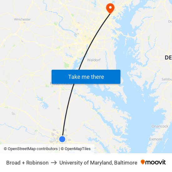 Broad + Robinson to University of Maryland, Baltimore map