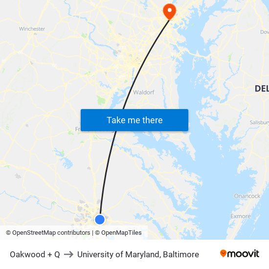 Oakwood + Q to University of Maryland, Baltimore map