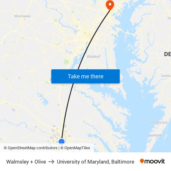Walmsley + Olive to University of Maryland, Baltimore map