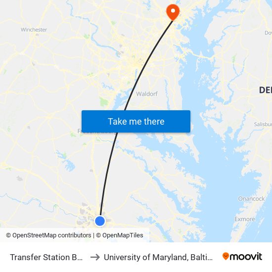 Transfer Station Bay E to University of Maryland, Baltimore map