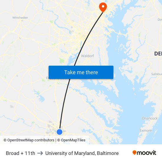 Broad + 11th to University of Maryland, Baltimore map