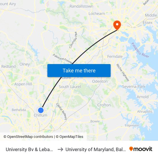 University Bv & Lebanon St to University of Maryland, Baltimore map