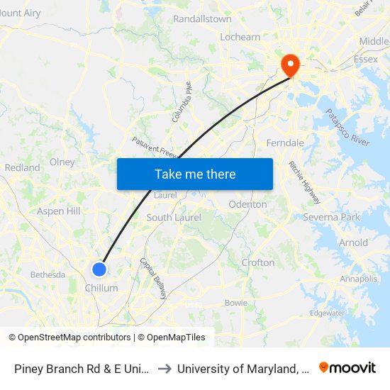 Piney Branch Rd & E University Bv to University of Maryland, Baltimore map