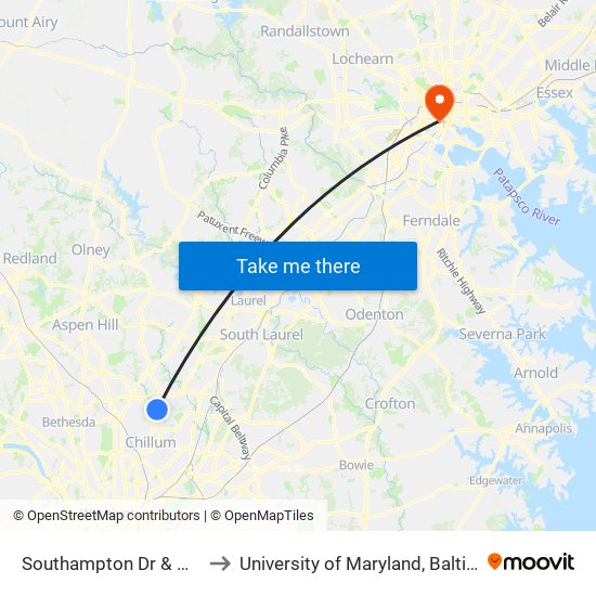 Southampton Dr & @201 to University of Maryland, Baltimore map