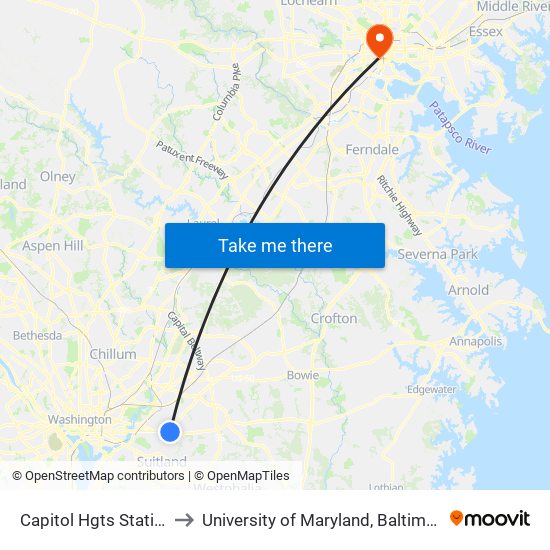Capitol Hgts Station to University of Maryland, Baltimore map
