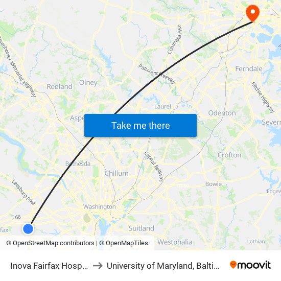 Inova Fairfax Hospital to University of Maryland, Baltimore map