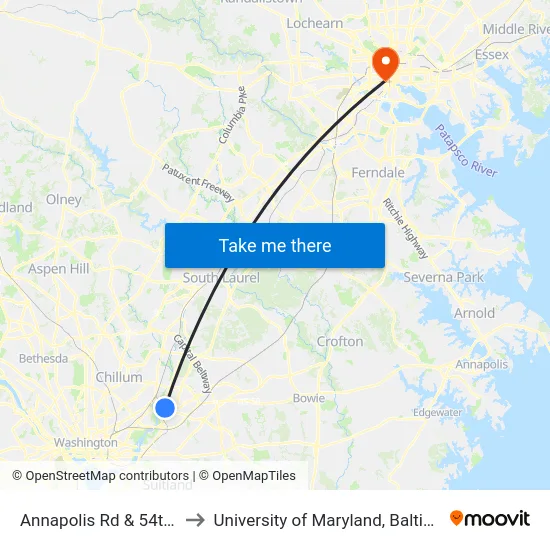 Annapolis Rd & 54th St to University of Maryland, Baltimore map