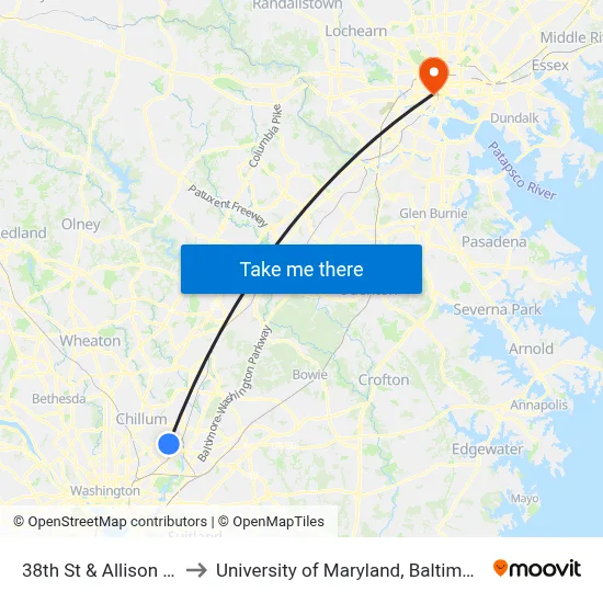 38th St & Allison St to University of Maryland, Baltimore map