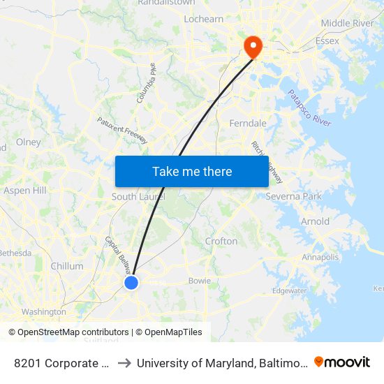 8201 Corporate Dr to University of Maryland, Baltimore map