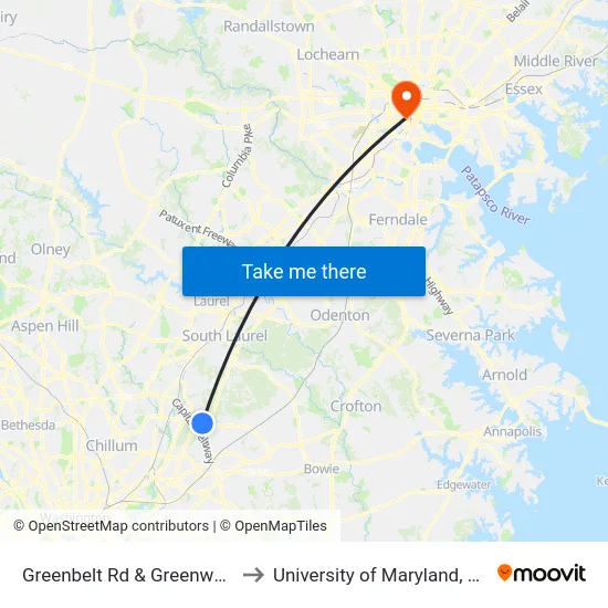 Greenbelt Rd & Greenway Center to University of Maryland, Baltimore map