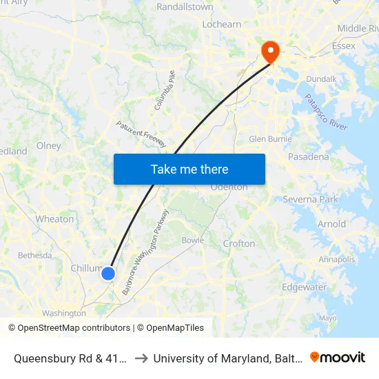 Queensbury Rd & 41st Av to University of Maryland, Baltimore map