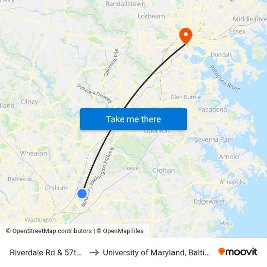 Riverdale Rd & 57th Av to University of Maryland, Baltimore map