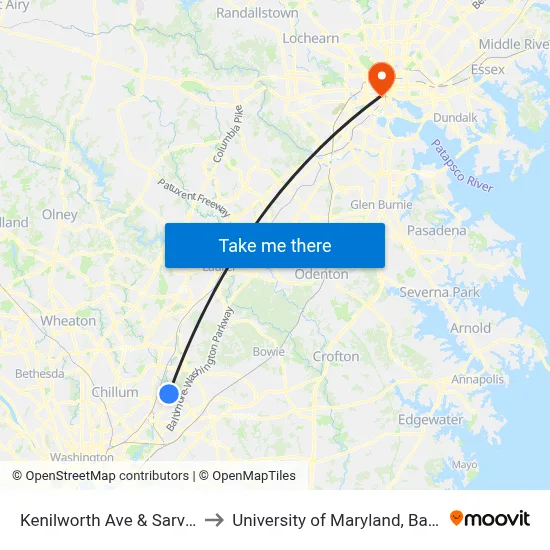 Kenilworth Ave & Sarvis Ave to University of Maryland, Baltimore map