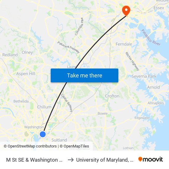 M St SE & Washington Navy Yard to University of Maryland, Baltimore map