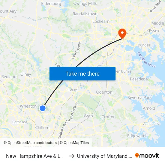 New Hampshire Ave & Lockwood Dr to University of Maryland, Baltimore map