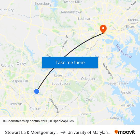 Stewart La & Montgomery White Oak A to University of Maryland, Baltimore map