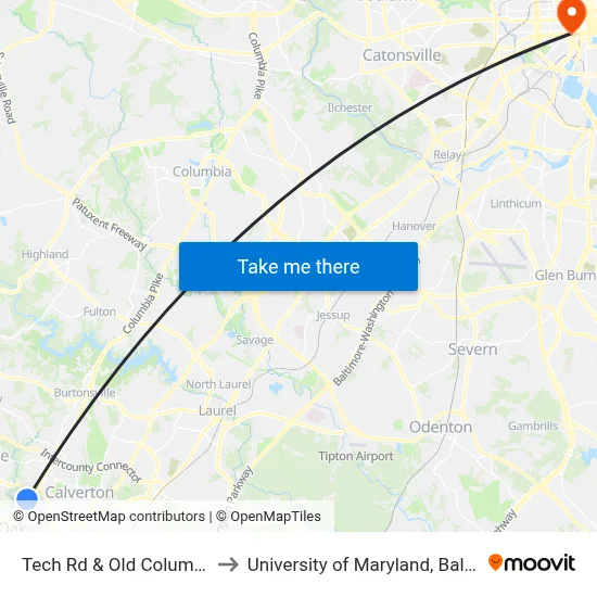 Tech Rd & Old Columbia Pi to University of Maryland, Baltimore map