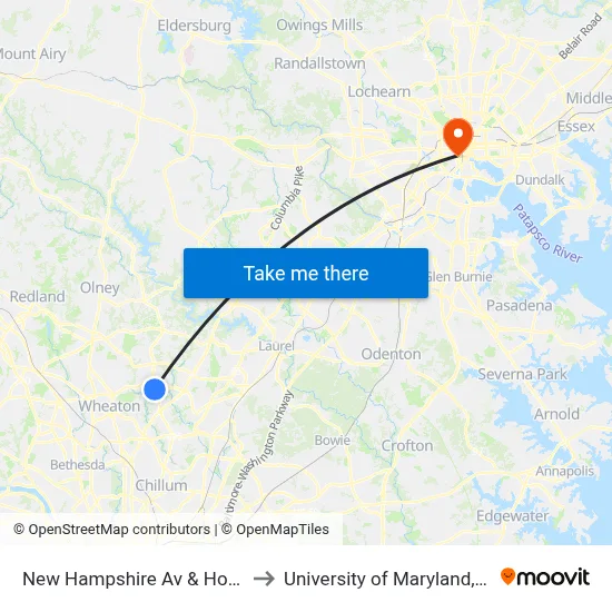 New Hampshire Av & Hollywood Av to University of Maryland, Baltimore map