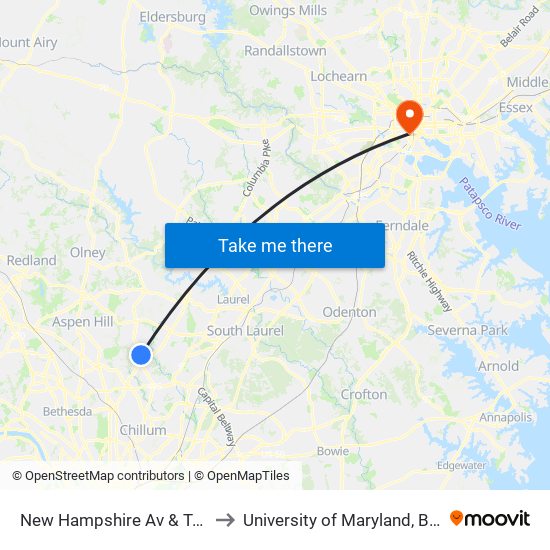 New Hampshire Av & Tanley Rd to University of Maryland, Baltimore map