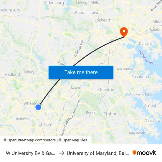 W University Bv & Gabel St to University of Maryland, Baltimore map