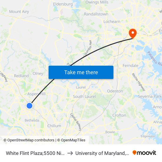 White Flint Plaza;5500 Nicholson La to University of Maryland, Baltimore map
