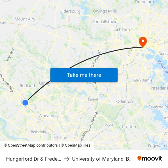 Hungerford Dr & Frederick Av to University of Maryland, Baltimore map