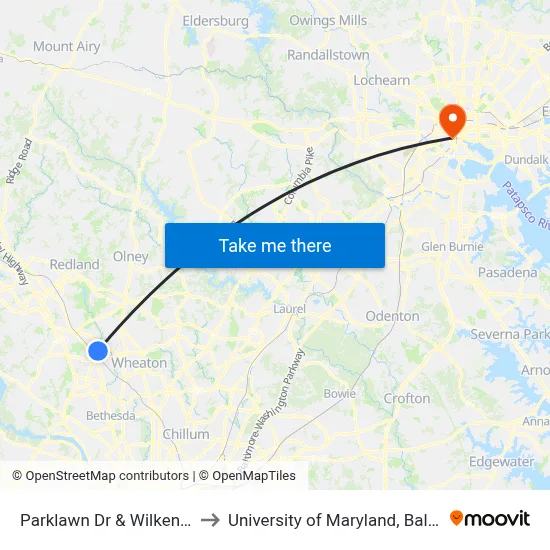 Parklawn Dr & Wilkens Ave to University of Maryland, Baltimore map