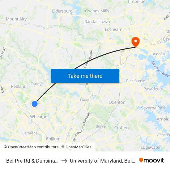 Bel Pre Rd & Dunsinane Dr to University of Maryland, Baltimore map