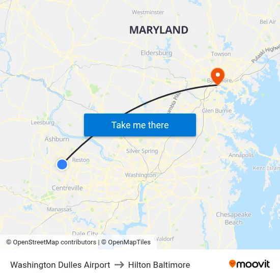 Washington Dulles Airport to Hilton Baltimore map