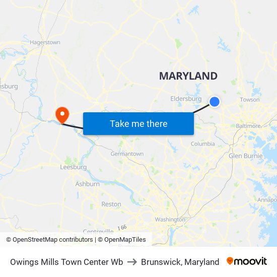 Owings Mills Town Center Wb to Brunswick, Maryland map