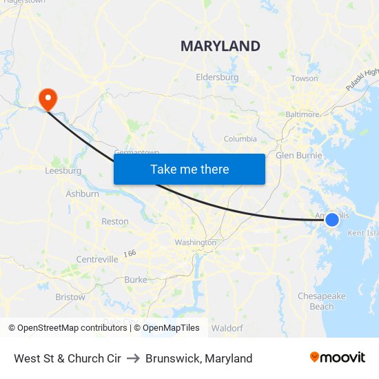 West St & Church Cir to Brunswick, Maryland map