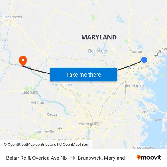 Belair Rd & Overlea Ave Nb to Brunswick, Maryland map
