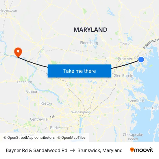 Bayner Rd & Sandalwood Rd to Brunswick, Maryland map