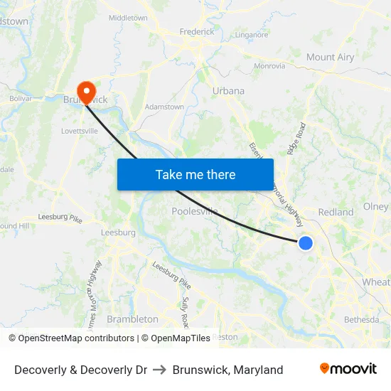 Decoverly & Decoverly Dr to Brunswick, Maryland map