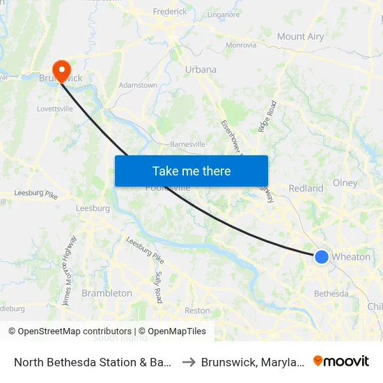 North Bethesda Station & Bay D to Brunswick, Maryland map