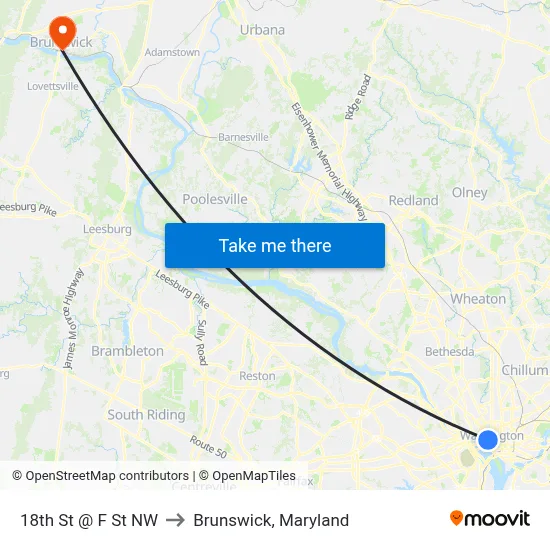 18th St @ F St NW to Brunswick, Maryland map