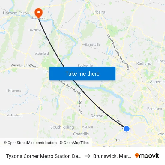 Tysons Corner Metro Station Departures to Brunswick, Maryland map