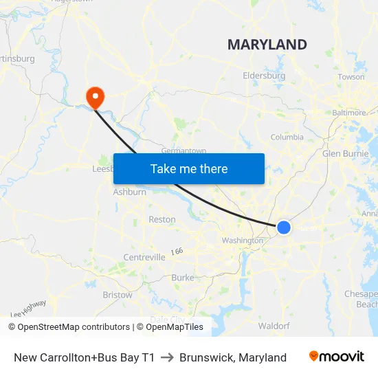 New Carrollton+Bus Bay T1 to Brunswick, Maryland map