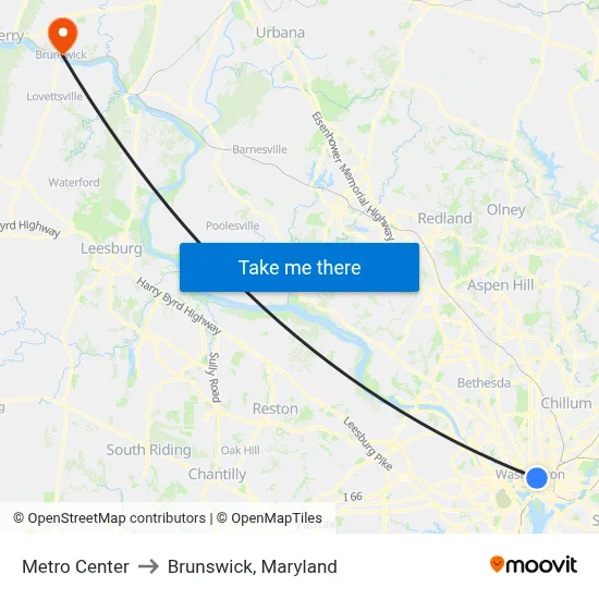 Metro Center to Brunswick, Maryland map