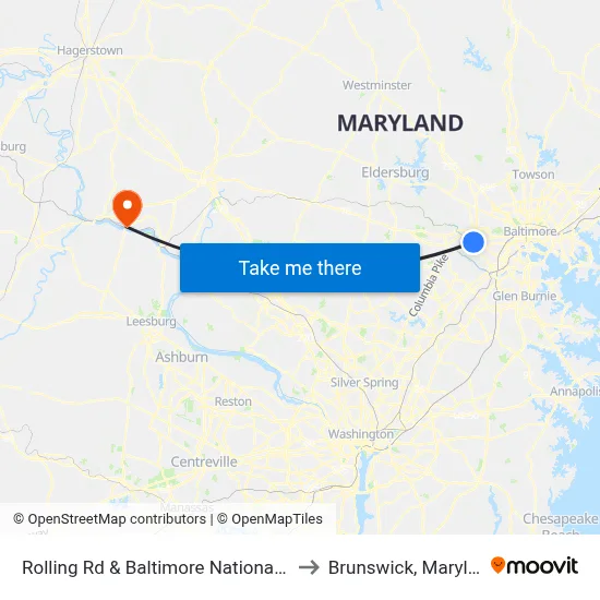 Rolling Rd & Baltimore National Pike to Brunswick, Maryland map