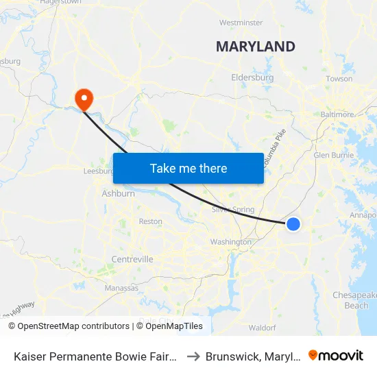 Kaiser Permanente Bowie Fairwood to Brunswick, Maryland map