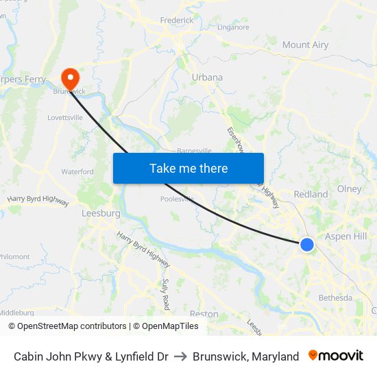 Cabin John Pkwy & Lynfield Dr to Brunswick, Maryland map