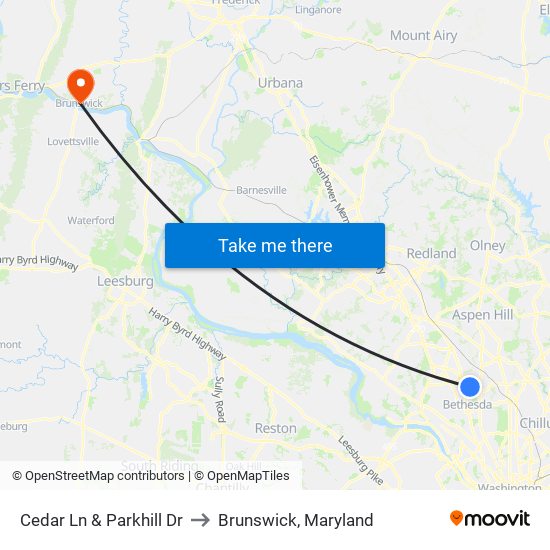 Cedar Ln & Parkhill Dr to Brunswick, Maryland map