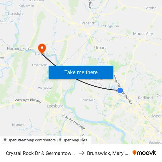 Crystal Rock Dr & Germantown Rd to Brunswick, Maryland map