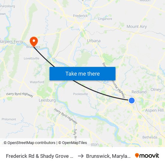 Frederick Rd & Shady Grove Rd to Brunswick, Maryland map