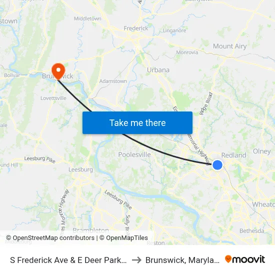 S Frederick Ave & E Deer Park Dr to Brunswick, Maryland map