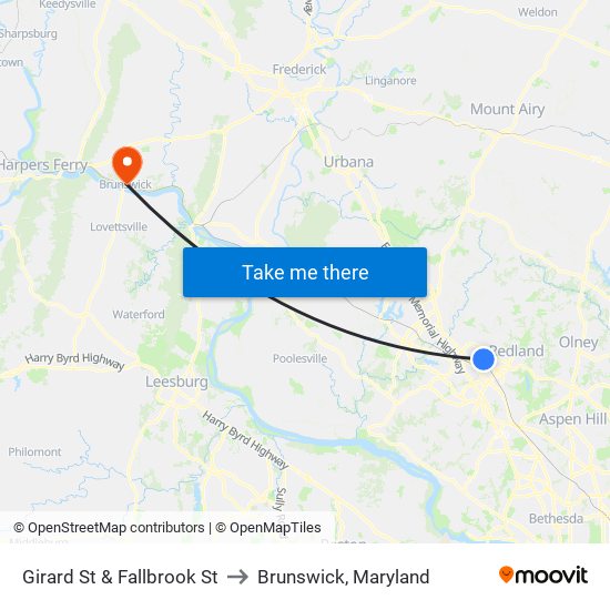 Girard St & Fallbrook St to Brunswick, Maryland map