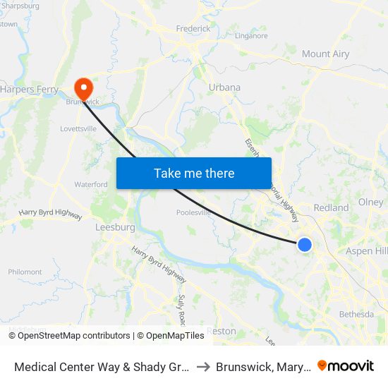 Medical Center Way & Shady Grove Rd to Brunswick, Maryland map