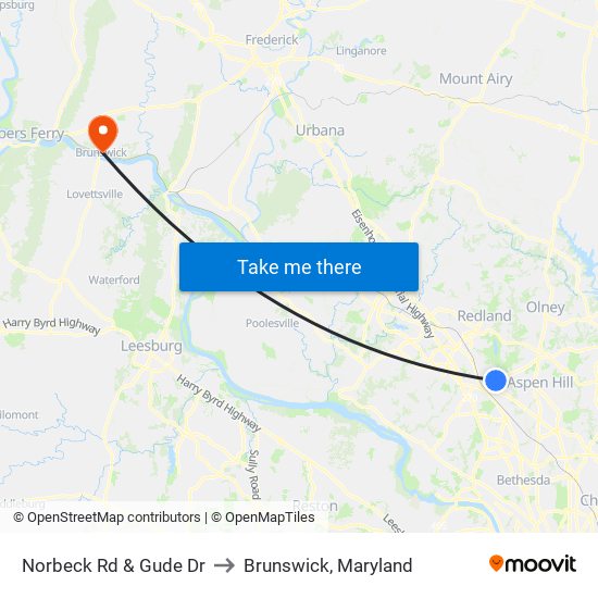 Norbeck Rd & Gude Dr to Brunswick, Maryland map